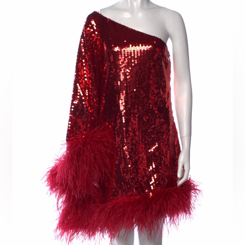Taller Marmo Red Sequin One-Shoulder Dress with Feather Trim
